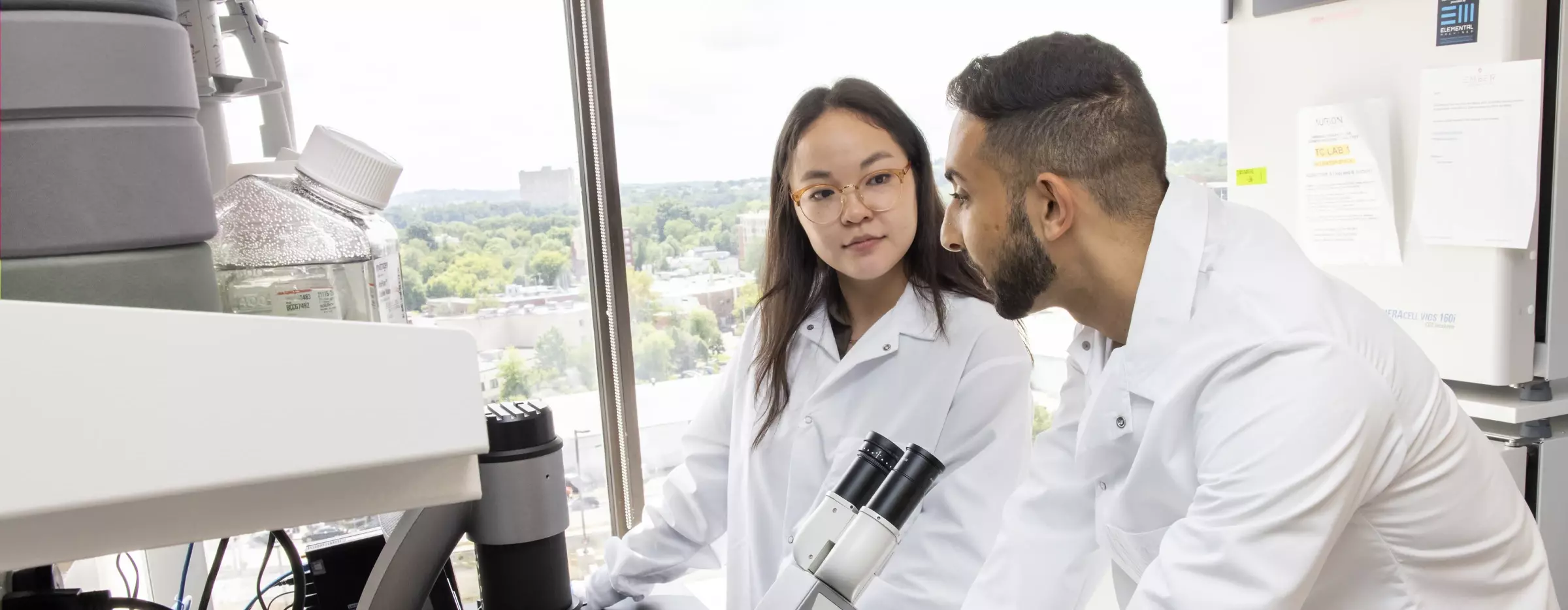 Two colleagues in the lab discussing results after looking into a microscope.